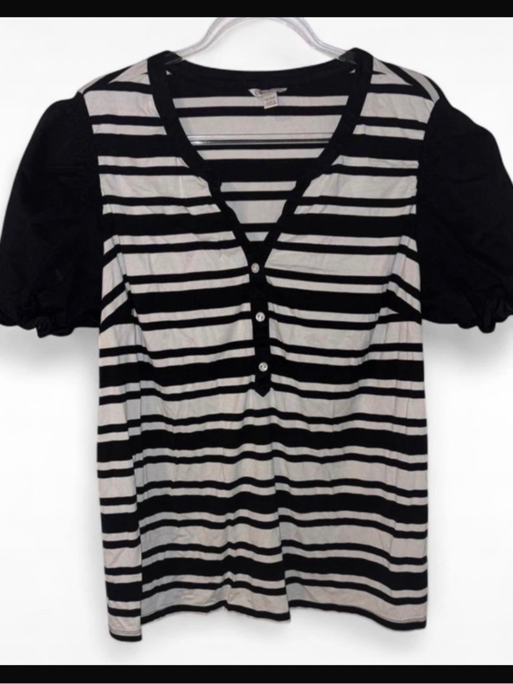 Cato Black and White Striped Puff Sleeve Henley Top